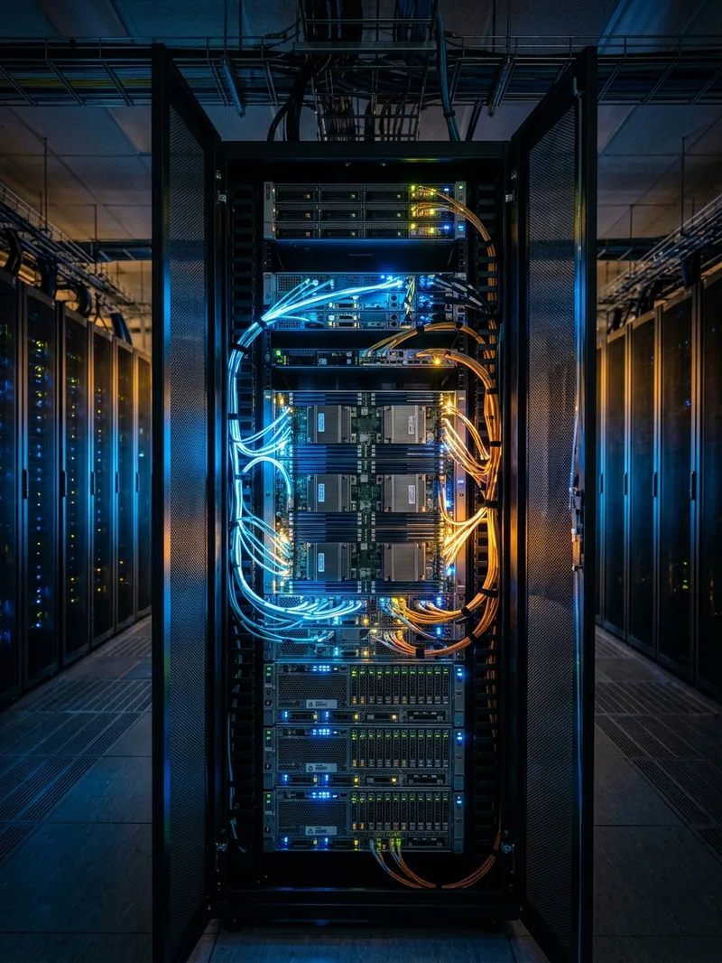 Infrastruktur rak komputasi akselerator AI dengan perutean interkoneksi serat optik berkecepatan tinggi
