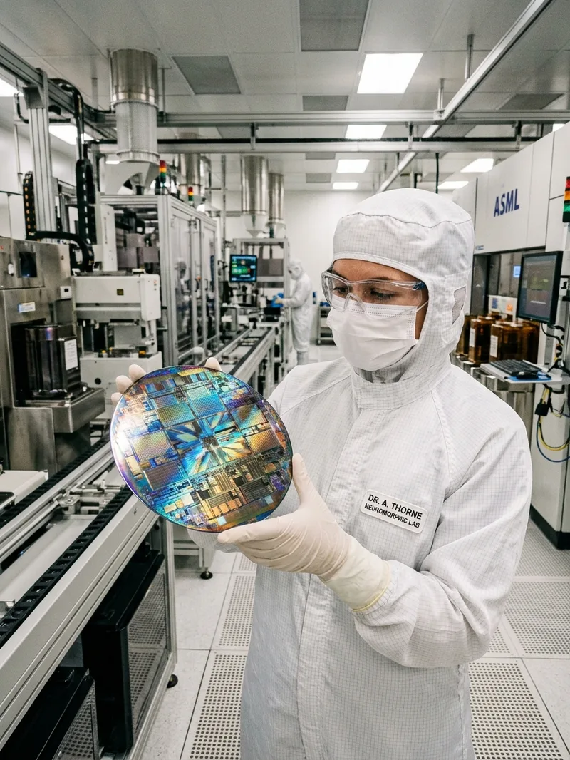 Insinyur cleanroom fabrikasi semikonduktor memegang wafer silikon chip komputasi neuromorfik eksperimental