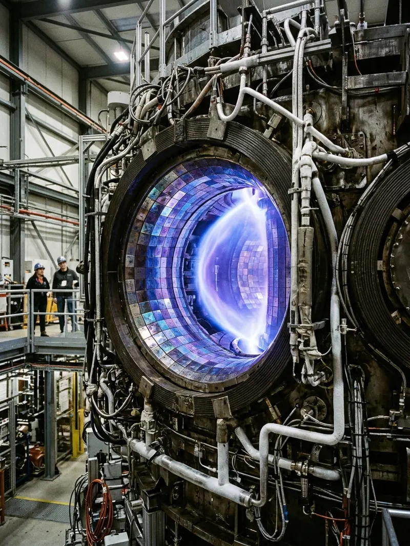 Interior bejana reaktor fusi nuklir tokamak dengan kumparan magnet superkonduktor dan pendaran plasma