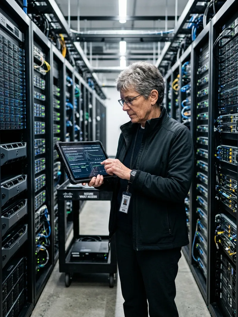 Insinyur keamanan siber menginspeksi implementasi enkripsi kuantum di koridor pusat data server enterprise