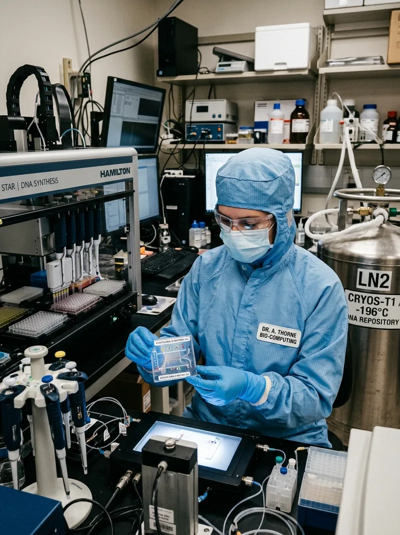 Laboratorium sintesis DNA penyimpanan data biomolekuler dengan bejana kriogenik nitrogen cair dan kartrid mikrofluida