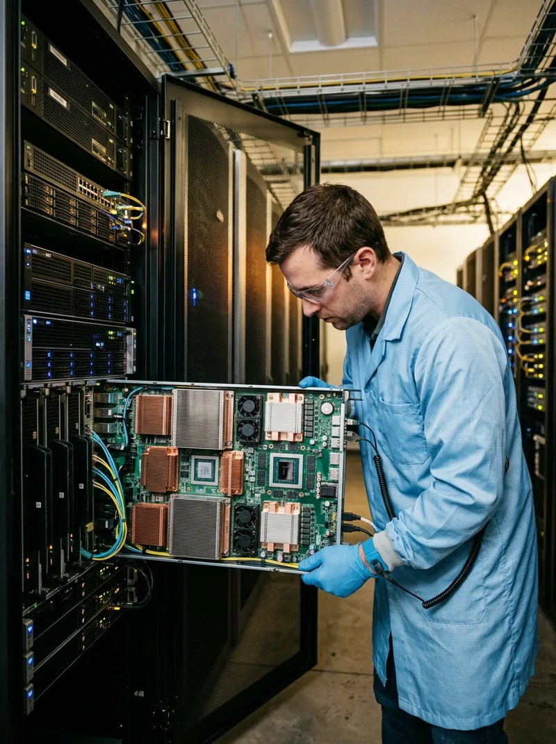 Insinyur sistem data center merakit modul server AI open-hardware dalam rak komputasi mandiri