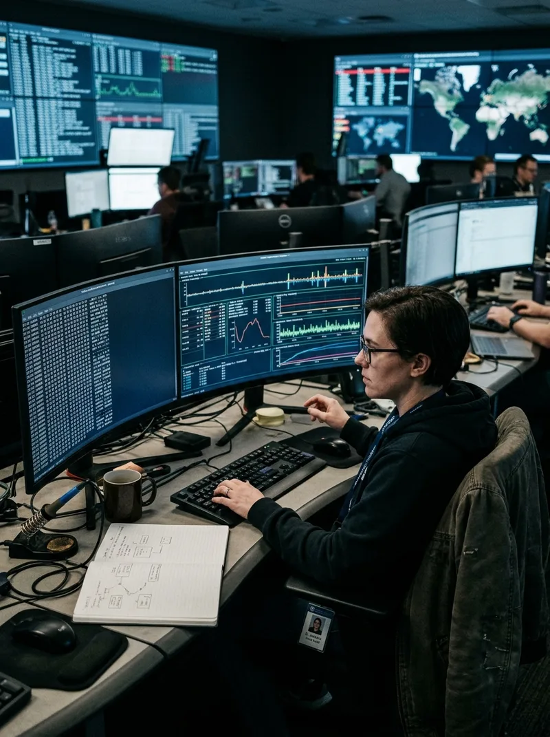Pusat operasi pertahanan siber memantau telemetri kernel Linux eBPF pada monitor ultra-wide resolusi tinggi