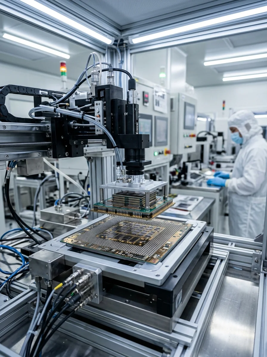 Peralatan robotik presisi merakit wafer silikon interposer pengemasan 3D canggih di ruang bersih semikonduktor