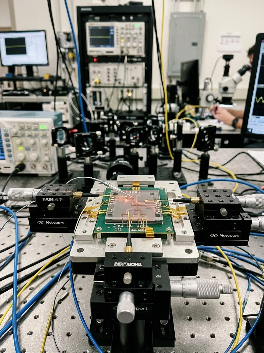 Keping mikrochip fotonik silikon terintegrasi dengan berkas pulsa laser mikroskopis di bangku pengujian laboratorium optika kuantum