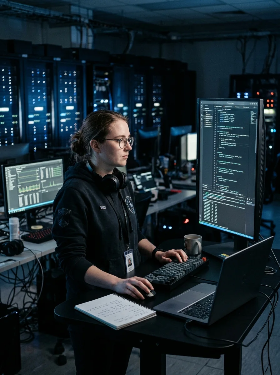 Insinyur keandalan sistem cloud memantau arsitektur kernel perangkat lunak aman memori pada workstation vertikal di ruang server
